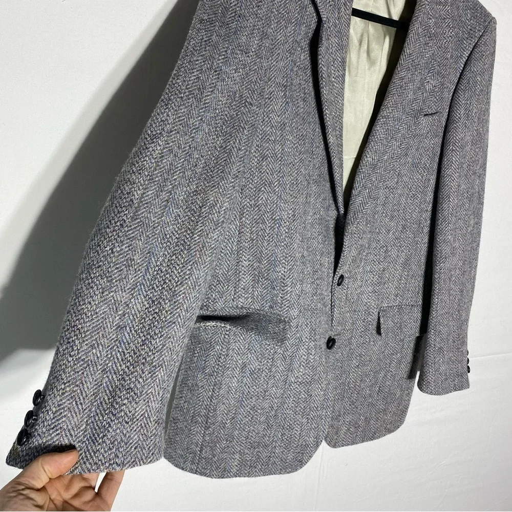 Vintage Harris Tweed Moores Classic Grey Herringbone Wool Blazer 38L Academia - Picture 11 of 16